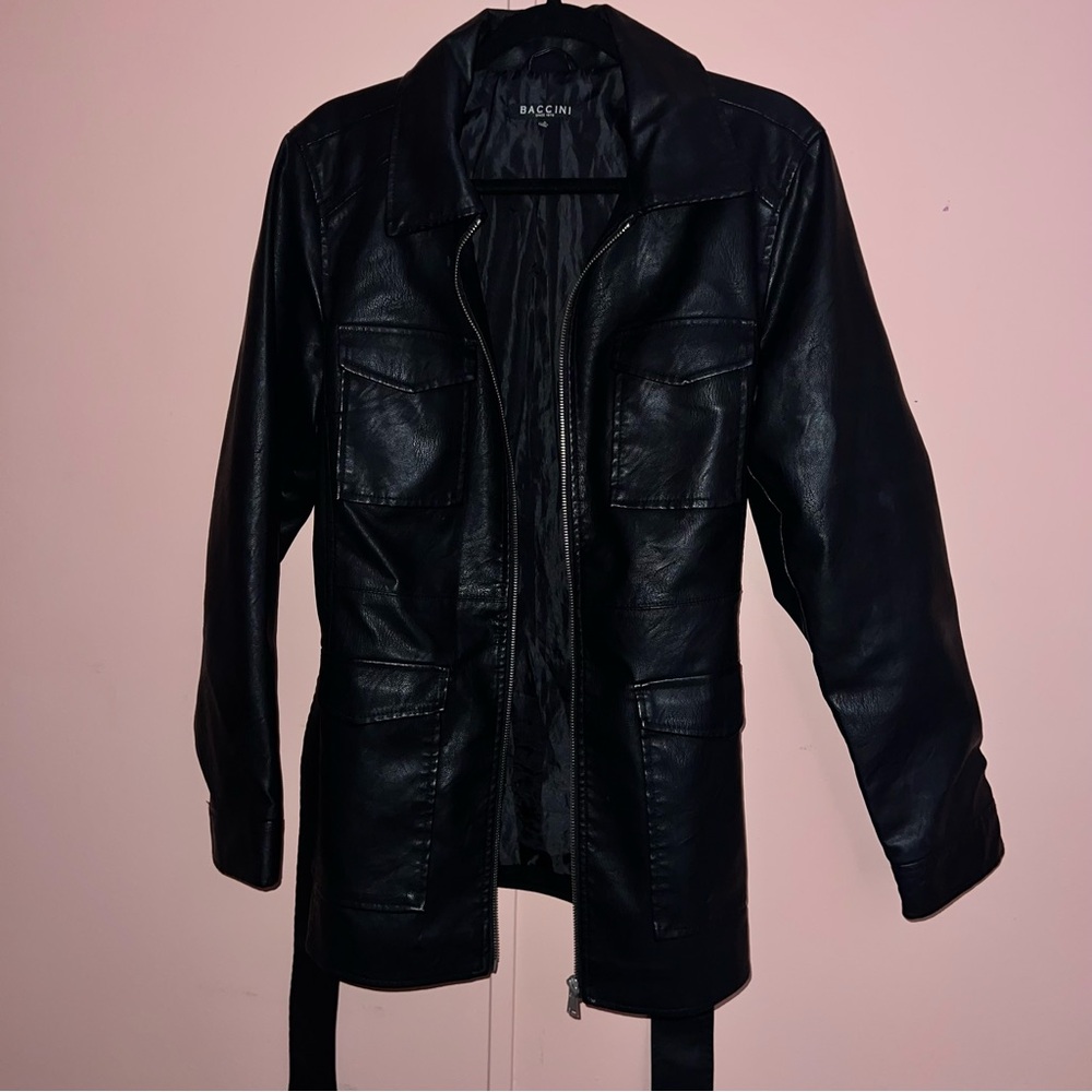 Baccini Black Military Style Leather Jacket